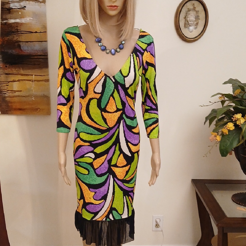Auditions Green Purple Yellow Orange Black Abstract V-Neck Midi Dress
